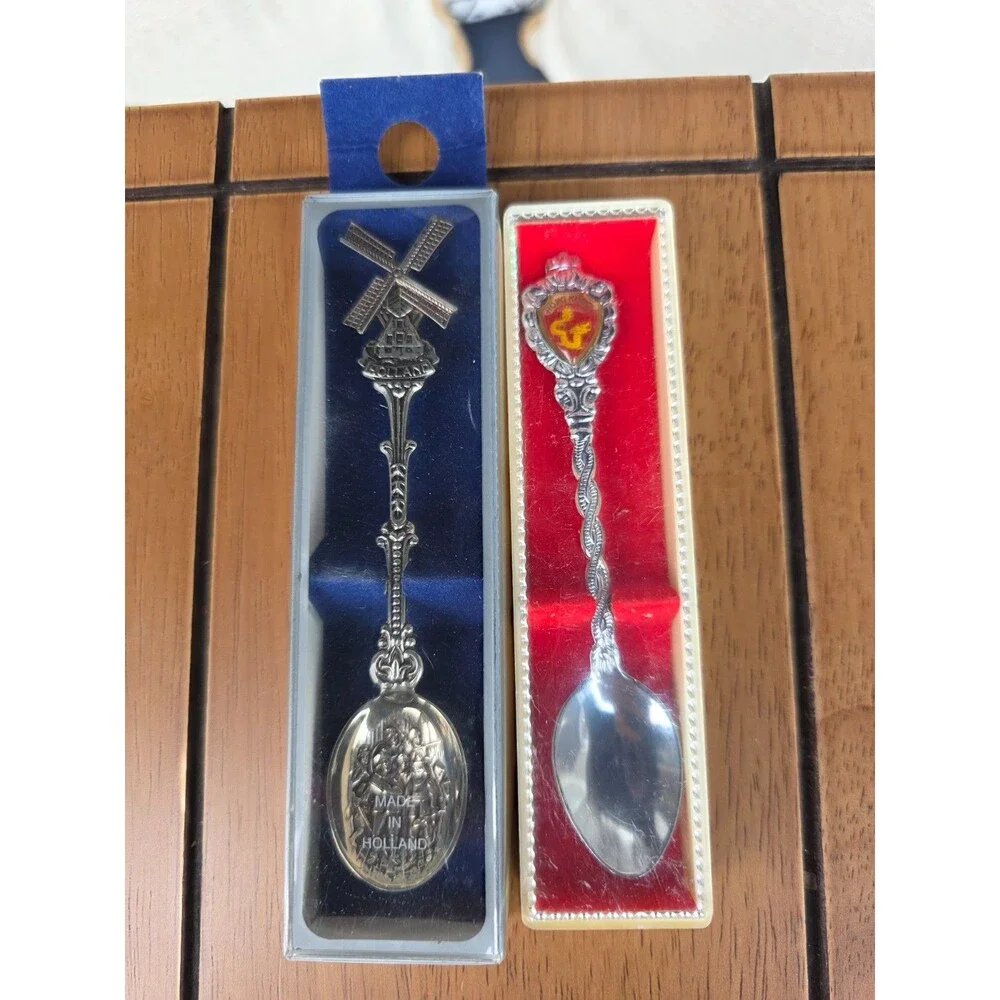 Vintage Souvenir Spoons Lot of 2 Holland Windmill Hong Kong Enamel Shield Boxed